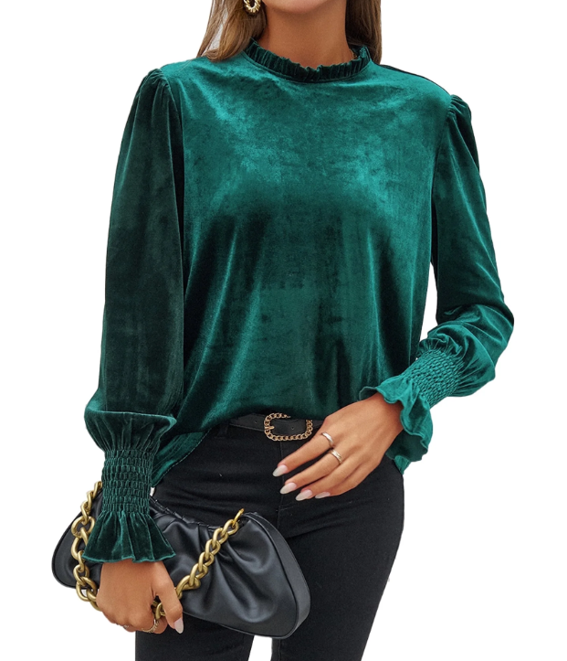 SOMER Womens Tops Fall Long Sleeve Shirts for Women Velvet Tops Elegant Frilled Neck Velour Woman Blouse Business Work Dressy Blouse Tops