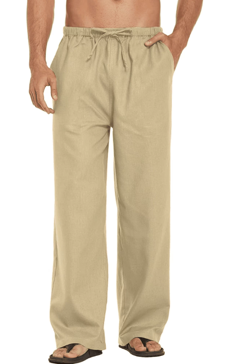 Men's Linen Pants Drawstring Slim Fit Elastic Waist Wide Leg Trousers Lightweight Beach Summer Pants