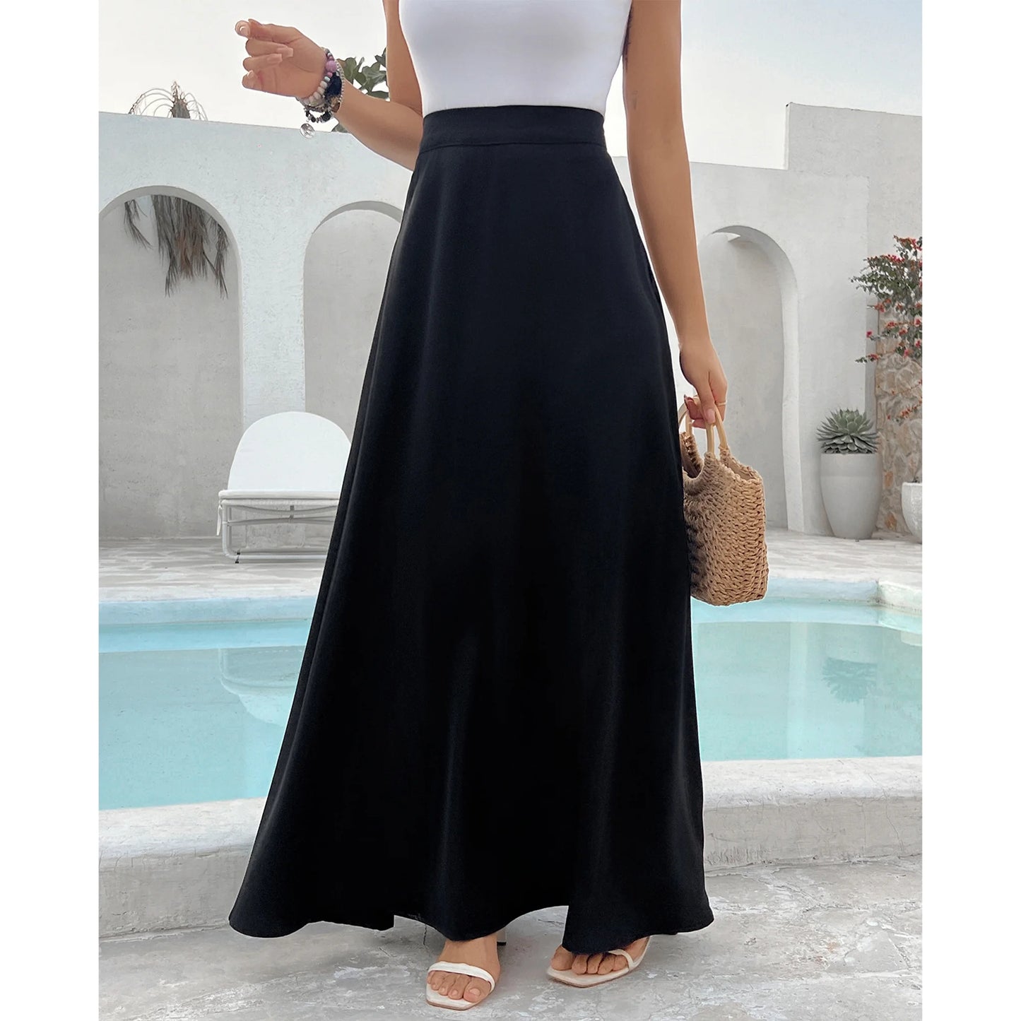 SOMER Dresses for Women Maxi Midi Skirts Long Medium Fancy Flowy Beach Dress Casual High Waist with Pockets for 2025 Trendy Spring Summer Black