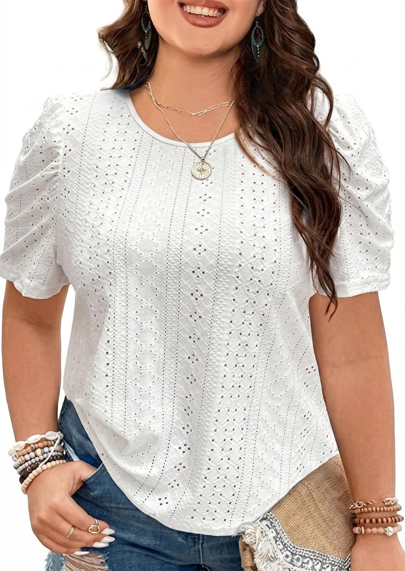 SOMER Plus Size Women Blouses Puff Sleeve Eyelet Knit Top Casual Summer Short Sleeve Crew Neck Loose Fit