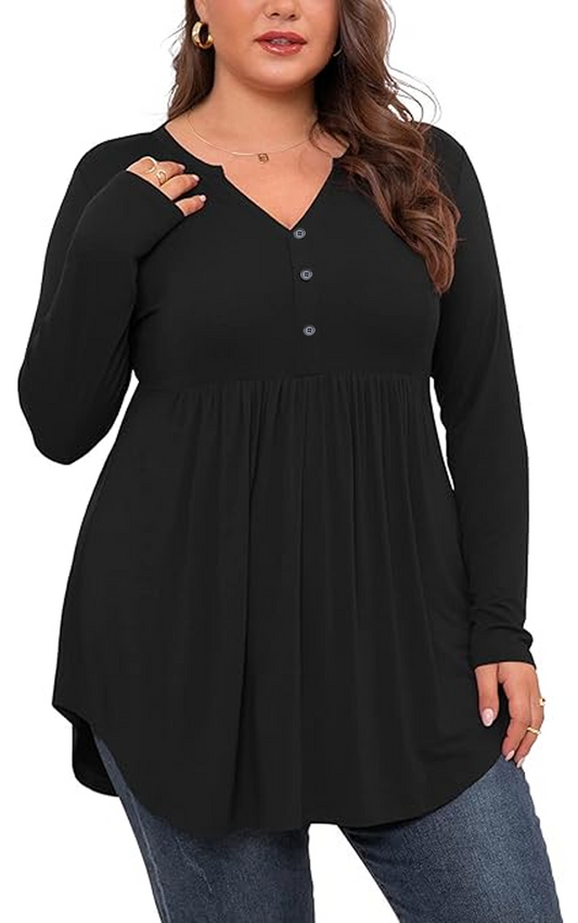 SOMER Plus Size Tops Women Blouses Shirts V Neck Button Tunic Tops Casual Long Sleeve Swing Flowy Blouse