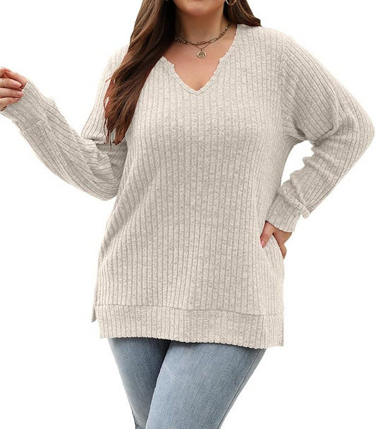 SOMER Plus Size Tops For Women Casual Long Sleeve V Neck Lightweight Knitted Sweaters Loose Fit Plus Size Tunic Tops