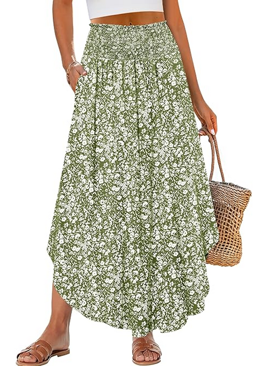 SOMER Skirts For Women Summer Boho Floral High Waisted Flowy Swing Pleated Beach Long Skirt With Pockets
