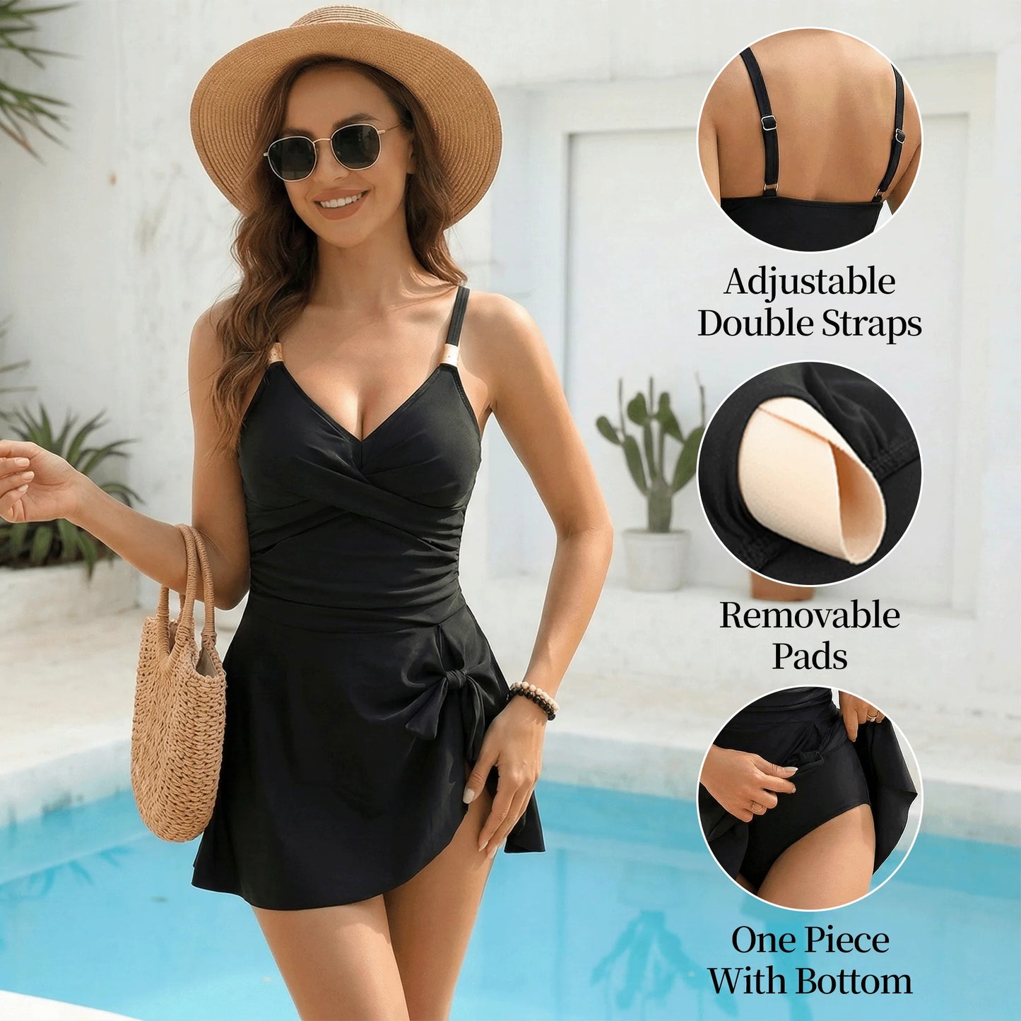 SOMER Women’s One Piece Swimsuit Tummy Control Bathing Suit Metal Tie Knot V Neck Swimdress for Women Elegant Wrap Skirt Swim Suit