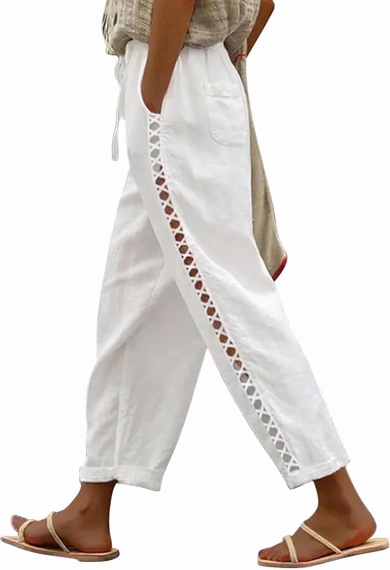 SOMER Linen Pants Women Wide Leg Cropped Capri Pants for Women with Drawstring High Waist Loose Fit Summer Beach Trousers with Pockets, Apricot