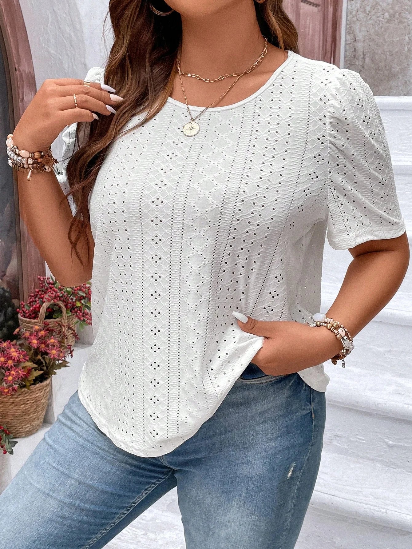 SOMER Plus Size Women Blouses Trendy Eyelet Cute Casual Short Sleeve Tops 2025 Purple