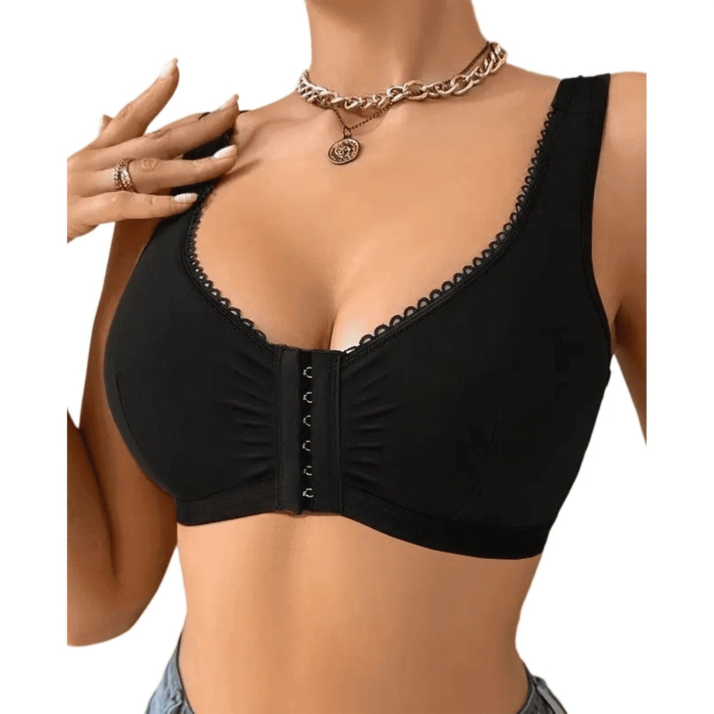 SOMER Sports Bras for Women Front Close Sports Bras Seamless Bras No Underwire Wireless Comfort Bra Full Coverage Push Up Support for Everyday Wear Bra Black