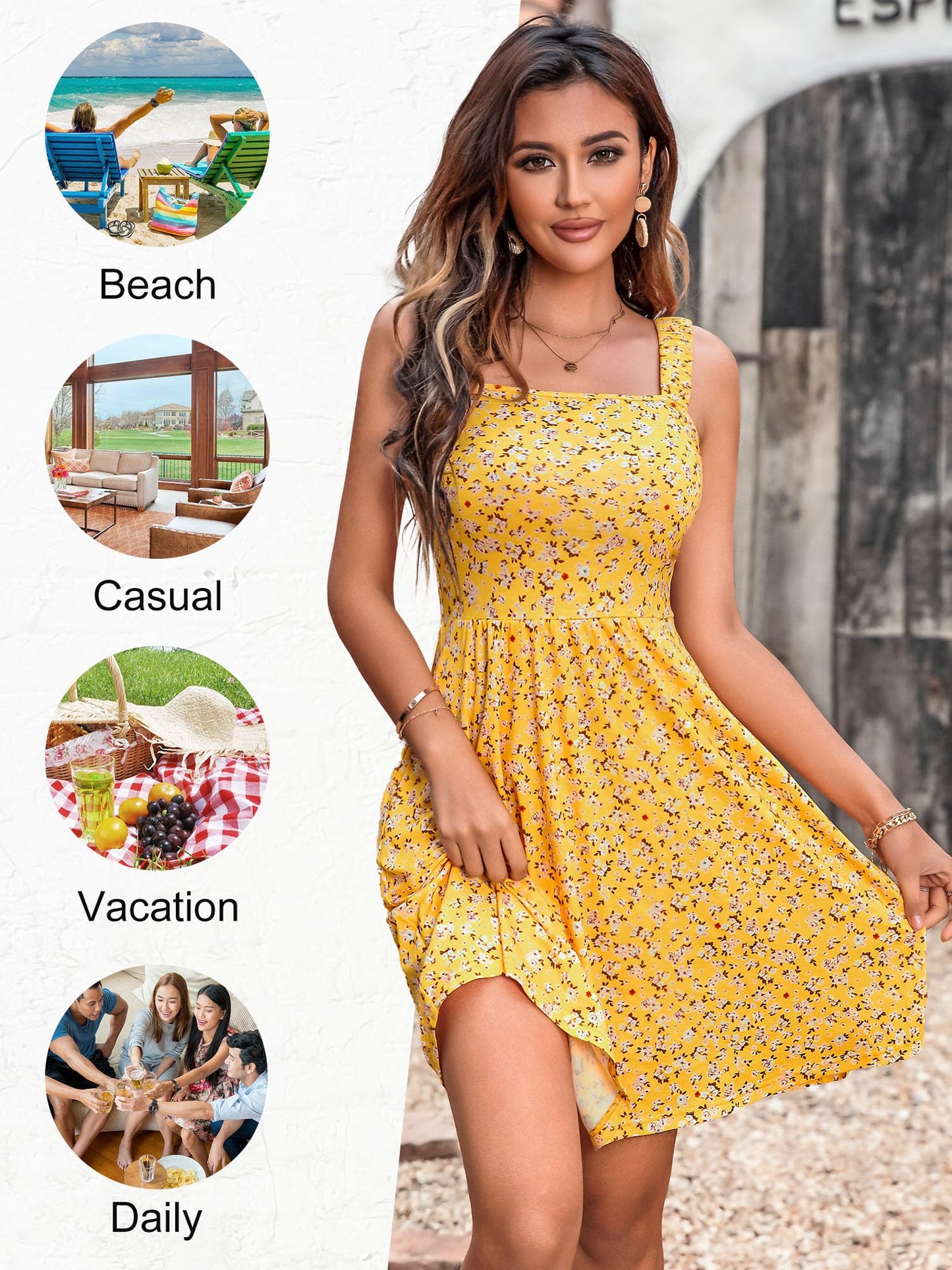 SOMER Women’s Summer Dresses Midi Sundress Square Neck with Pocket Sleeveless Boho High Waist A-Line Flowy Dress Casual Beach Vacation Yellow