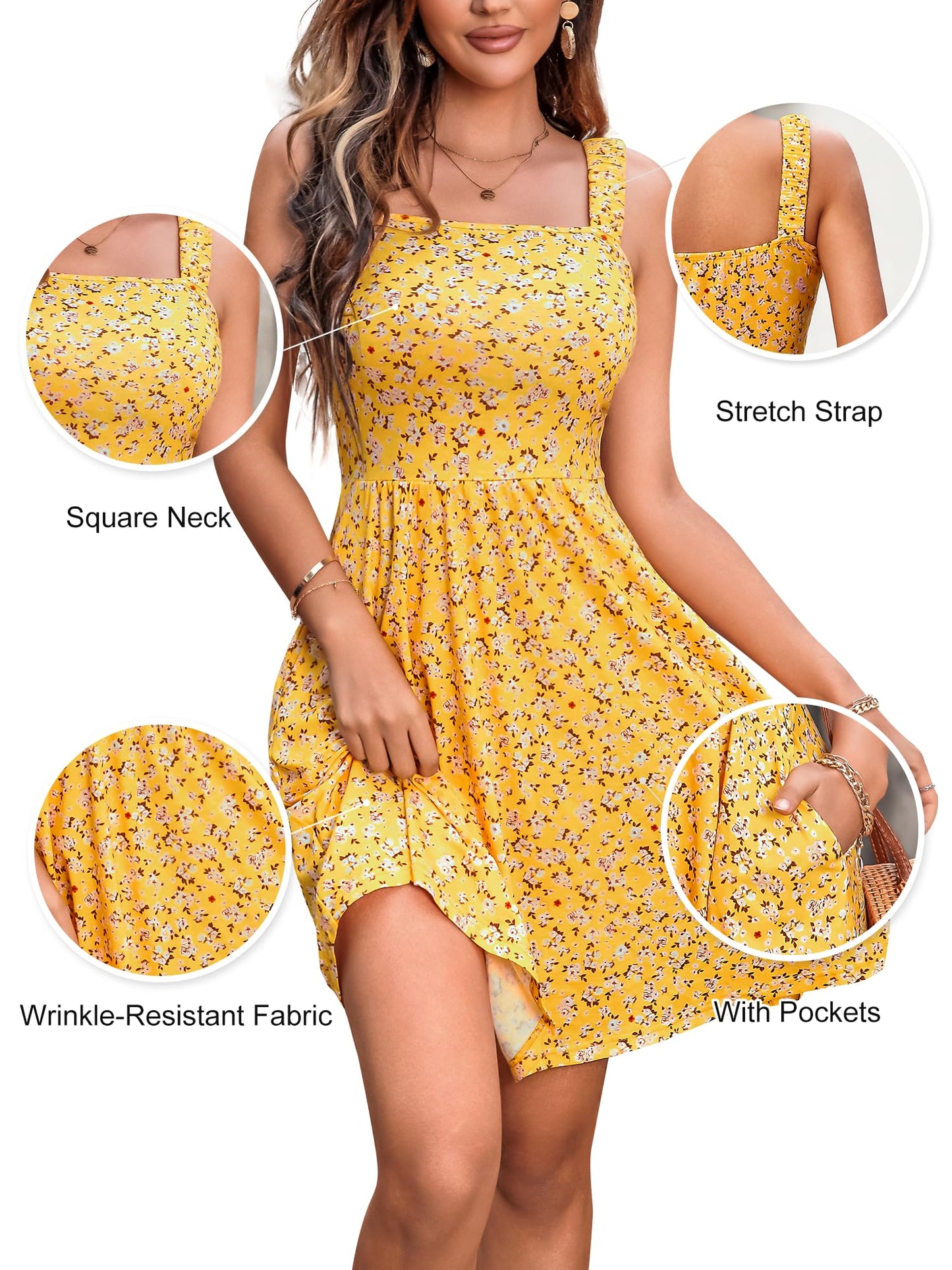 SOMER Women’s Summer Dresses Midi Sundress Square Neck with Pocket Sleeveless Boho High Waist A-Line Flowy Dress Casual Beach Vacation Yellow