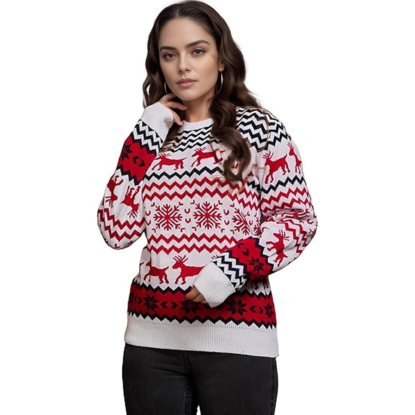 SOMER Women Christmas Sweater Family Couples Warm Thick Casual Knitted Pullover Top Xmas Elk Snowflake Reindeer Sweatshirt for Holiday Party New Year