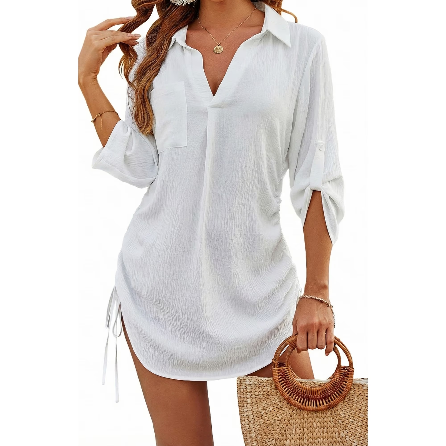 SOMER Womens Bathing Suit Cover Ups Bikini Swimsuit Coverup Drawstring Beach Dress Shirt Sundresses Beachwear Summer White