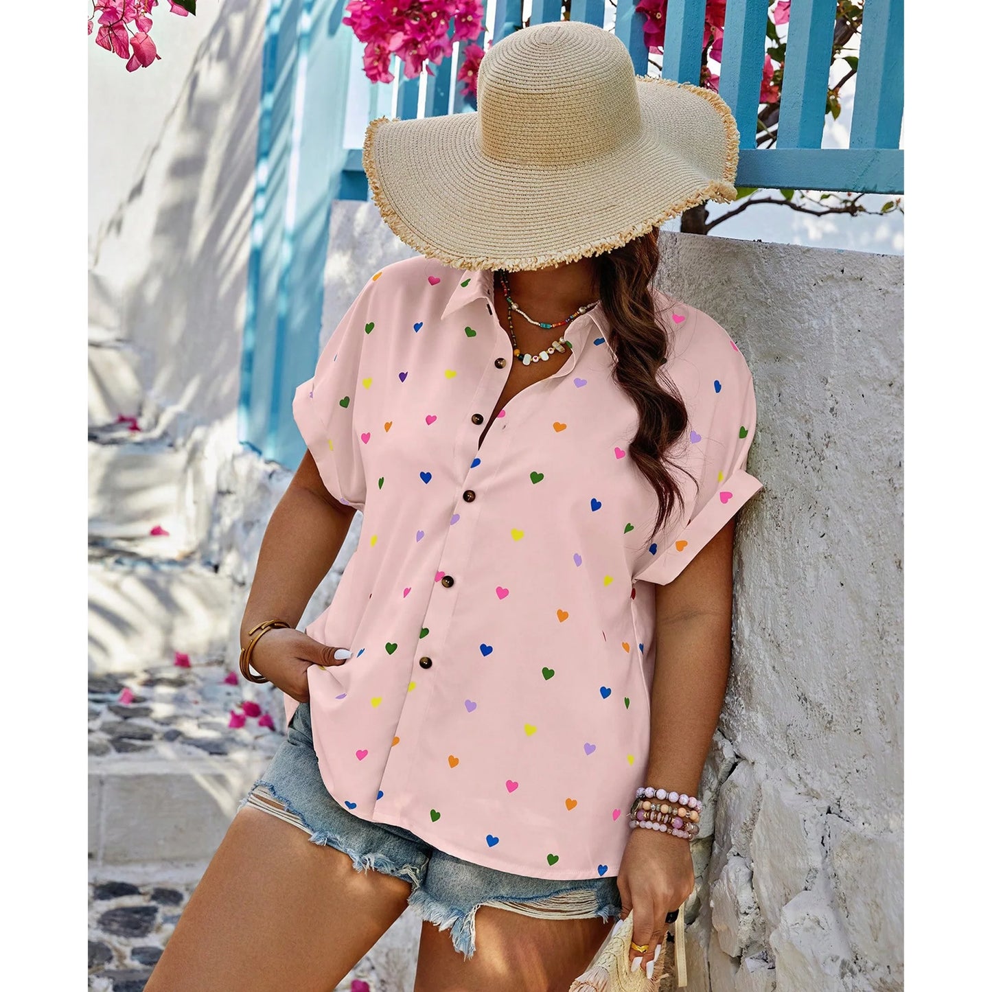 SOMER Woman Blouse Plus Size Short Sleeve Casual Tops Heart Print Button Down Shirts For Women