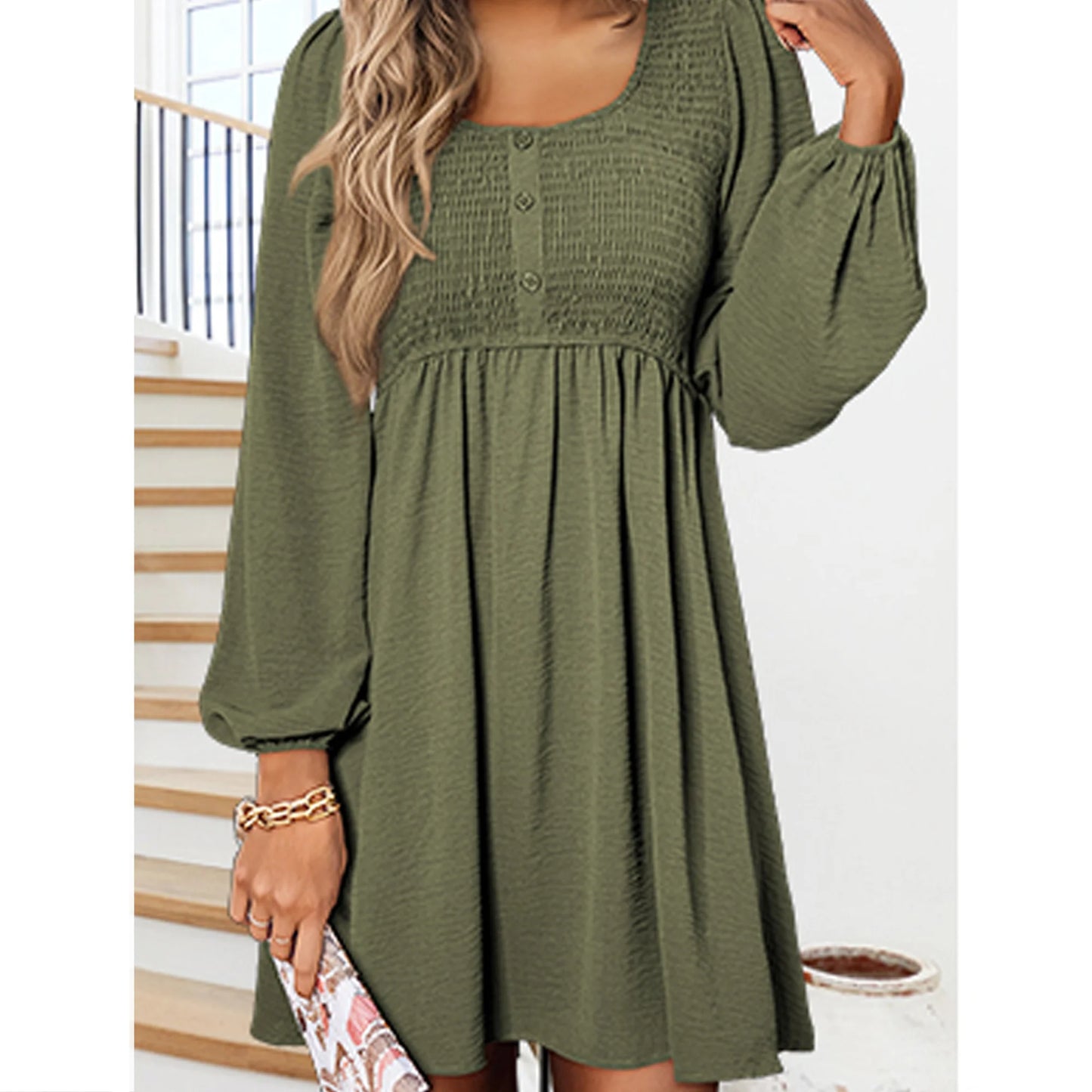 SOMER Casual Dresses for Women, Fall Winter A-Line Midi Dresses for Women 2025 Crewneck Button Up, Cute Long Sleeve Dress for Women