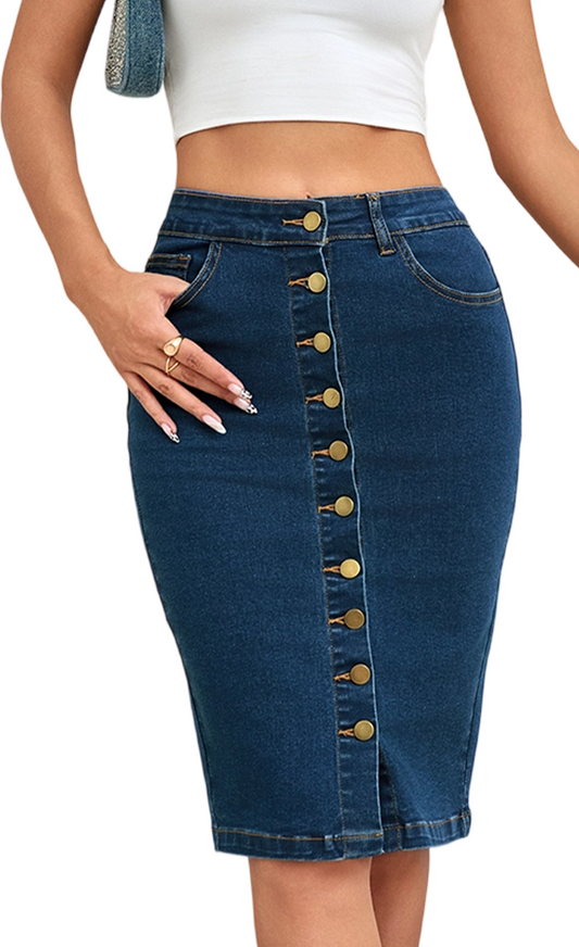 SOMER Women's Denim Skirt Long Jean High Waisted Bodycon Casual Business Youth Midi Length Jean Skirt Blue