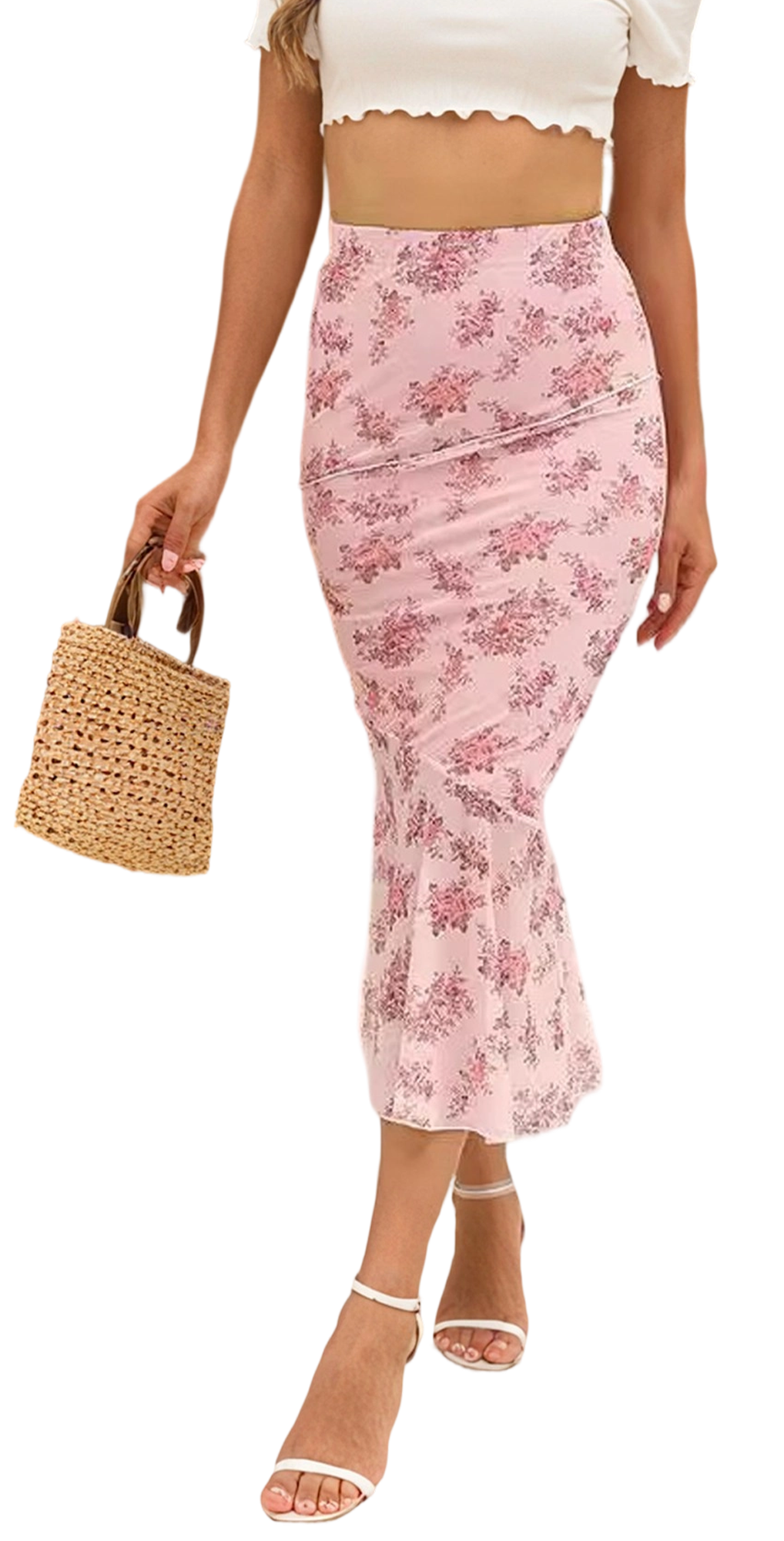 MLDRA Skirts For Women High Waist Floral Print Mermaid Skirt Vintage Ruffle Hem Midi Skirts