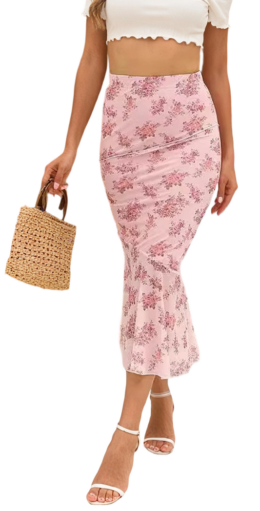 MLDRA Skirts For Women High Waist Floral Print Mermaid Skirt Vintage Ruffle Hem Midi Skirts
