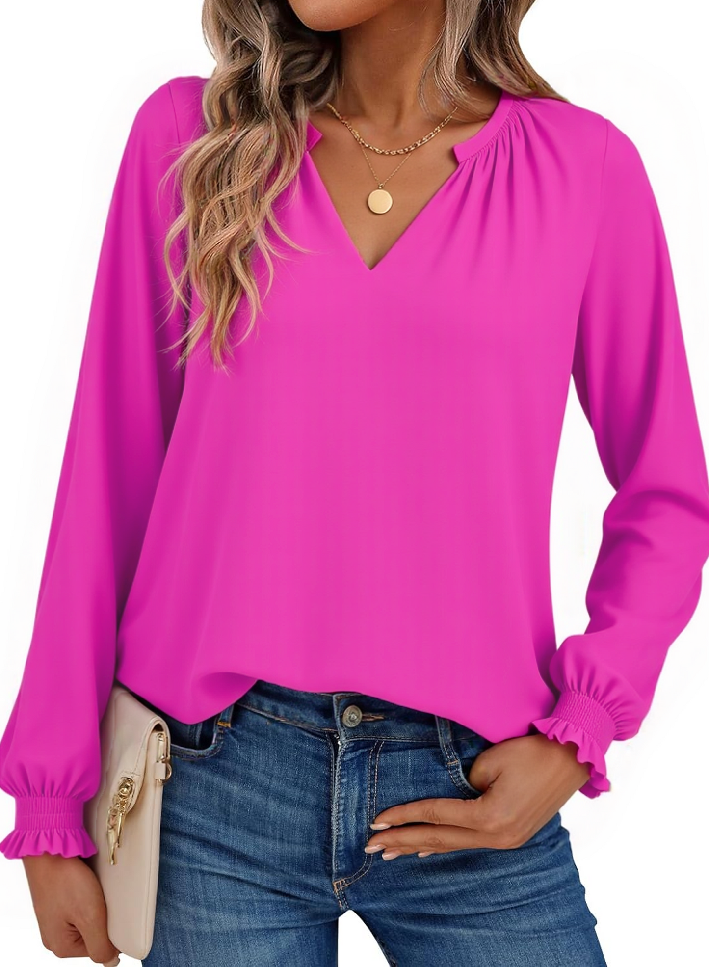 SOMER Blouses for Women Dressy Casual, Trendy V Neck Long Sleeve Shirts for Women, Elegant Casual Womens Fall Tops Pleated Cuffs 2025