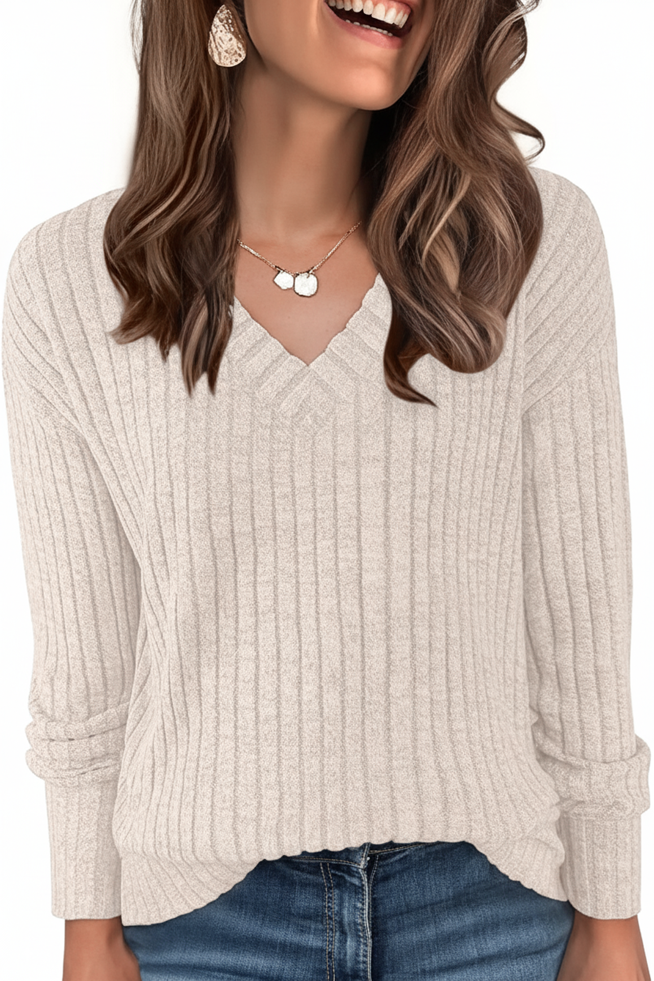 SOMER Long Sleeve Shirts for Women V Neck Casual Fall Tops Loose Fit Lightweight Sweaters Tunic Fashion 2025 Clothes Beige