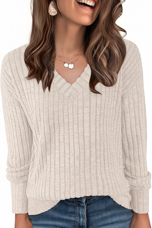 SOMER Long Sleeve Shirts for Women V Neck Casual Fall Tops Loose Fit Lightweight Sweaters Tunic Fashion 2025 Clothes Beige