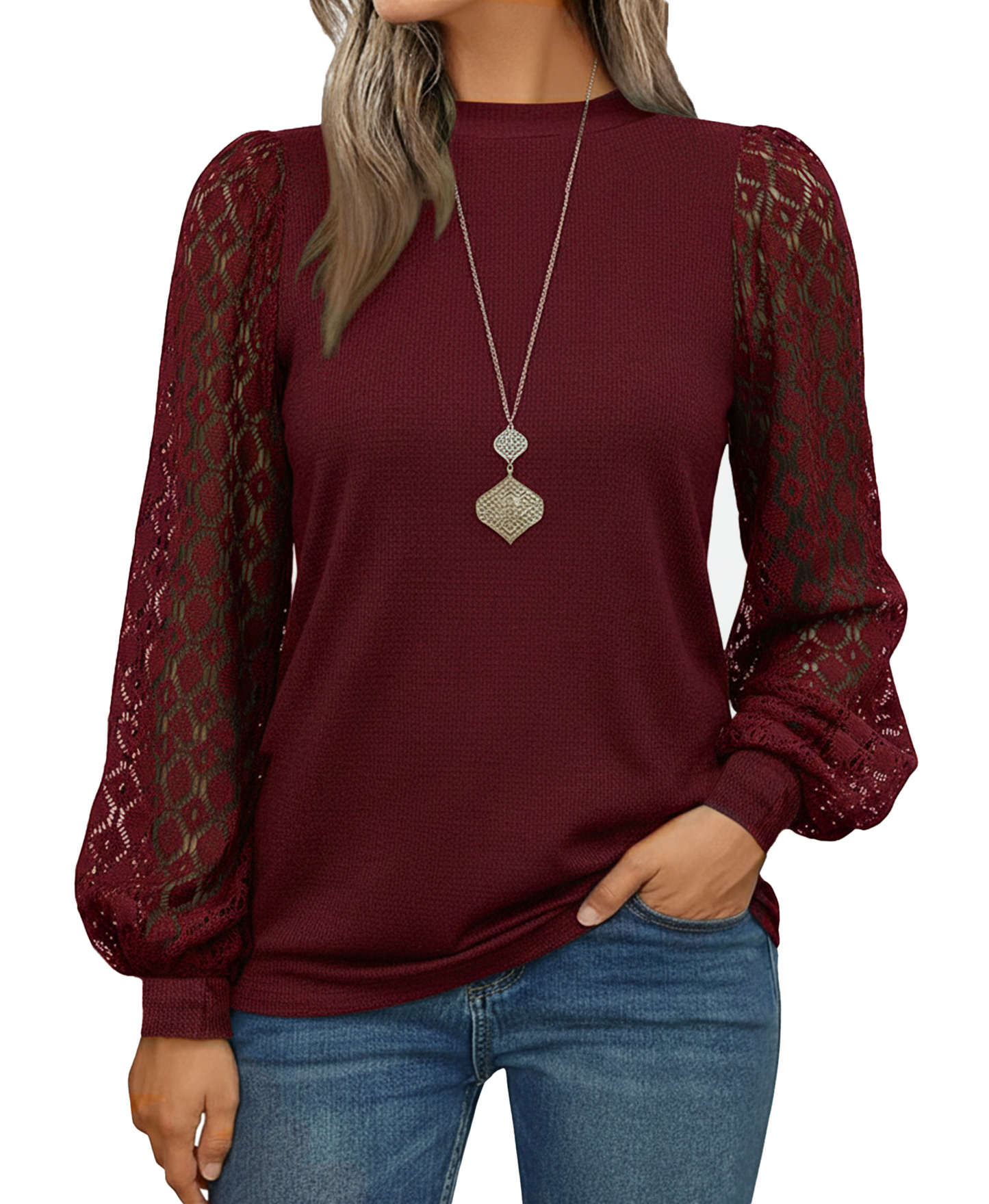 SOMER Womans Tops Fall Long Sleeve Shirts Pleated Lace Tops Casual Loose Blouses T Shirts