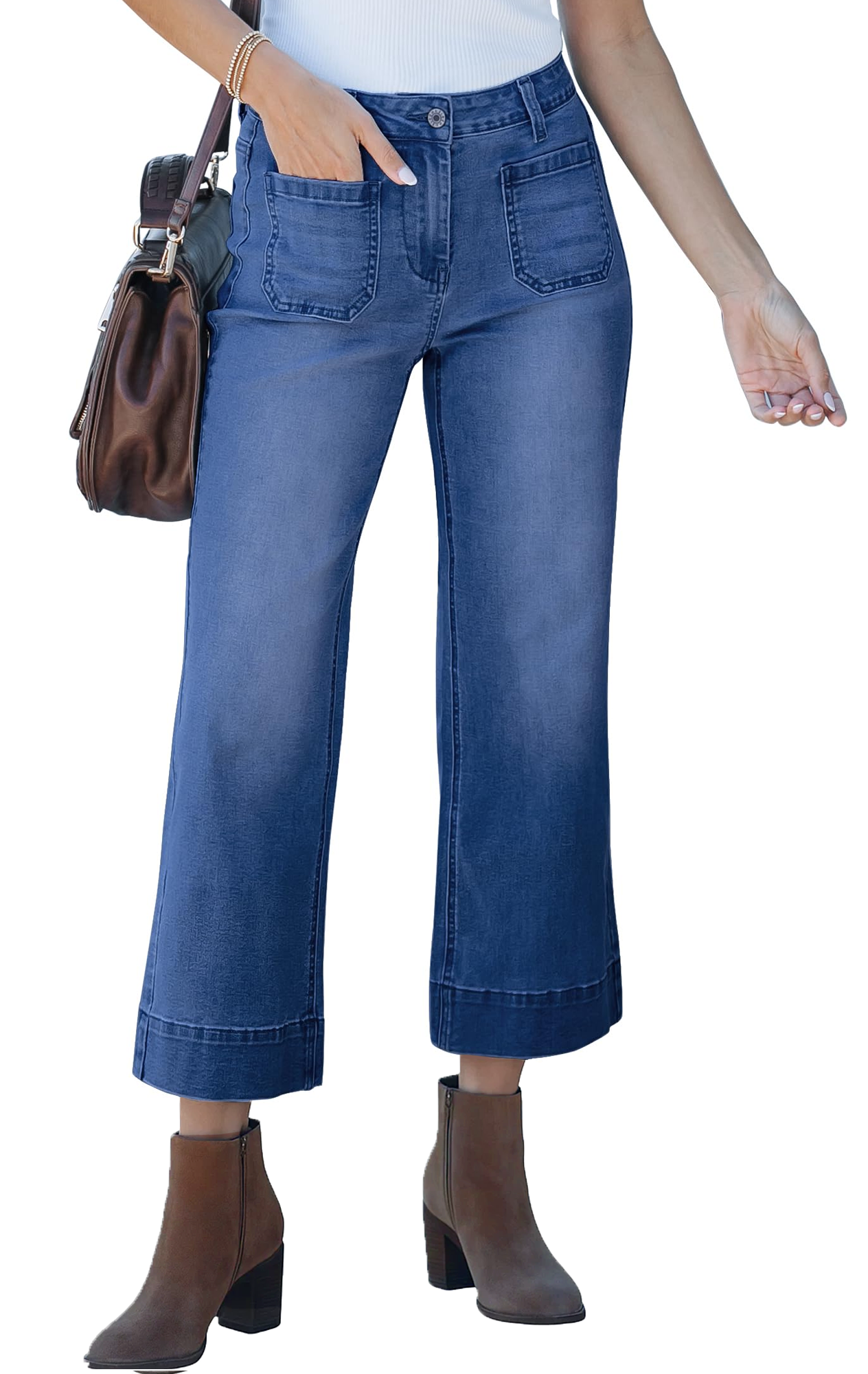 Women's Wide Leg Jeans Denim Pants Crop Flare Leg Jeans High Waisted Stretchy Straight Leg with Buttoned AnklesTrendy Casual with Pocket