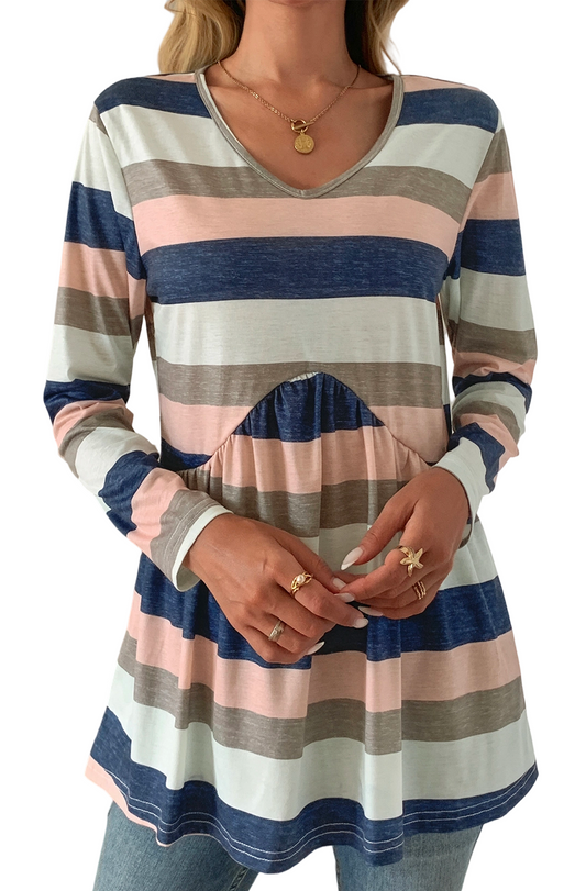 SOMER Women Stripe Tshirts Flowy Long Sleeve V Neck Tunic Top Trendy A-Line Blouses for Going out