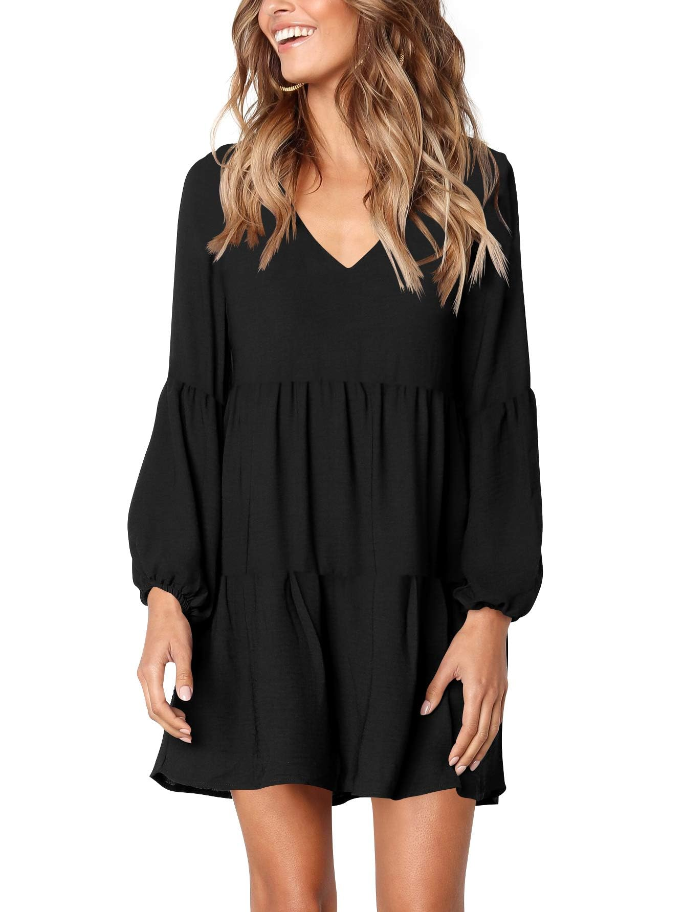 SOMER Dresses for Women V Neck Mini Long Sleeve Fashion Casual Loose Flowing Cute Short Dress with Pocket Black Fall 2025