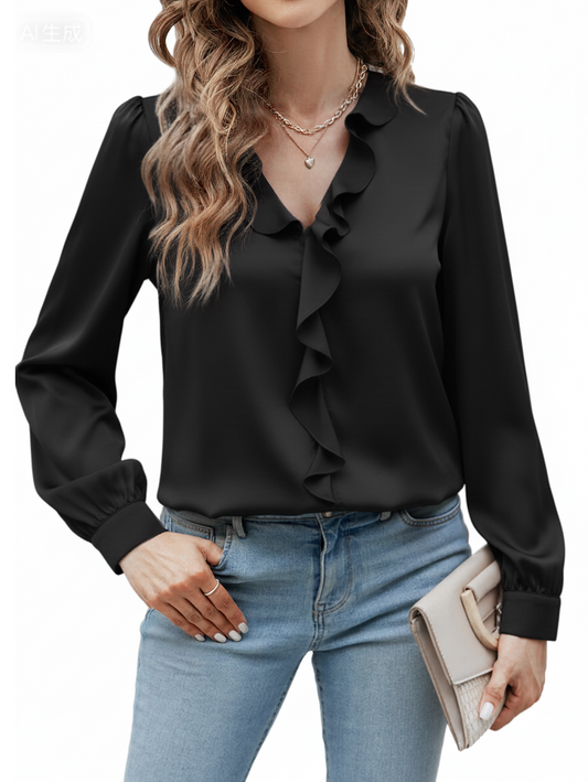 SOMER Long Sleeve Shirts for Womens Tops Ruffle V Neck Peplum Blouses for Women Dressy Casual Black Business Spring Elegant