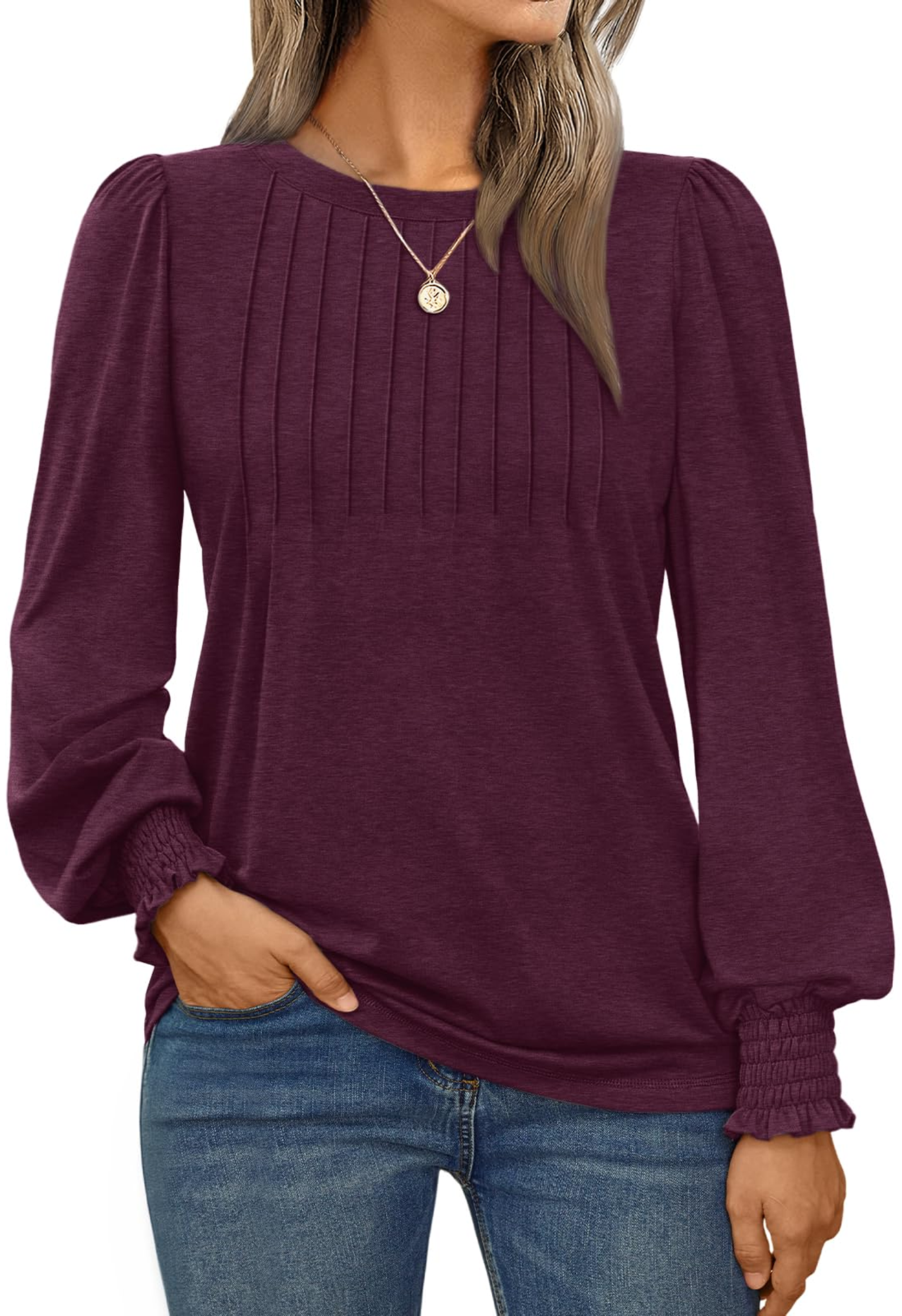 SOMER Womens Tops Long Sleeve Shirts Dressy Casual Blouse Pleated Puff Tunic Tops for Going Out,2025 Fall