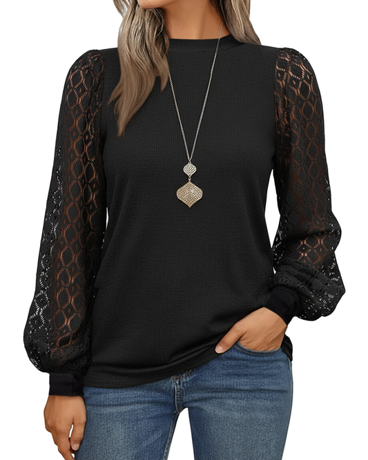 SOMER Womans Tops Fall Long Sleeve Shirts Pleated Lace Tops Casual Loose Blouses T Shirts