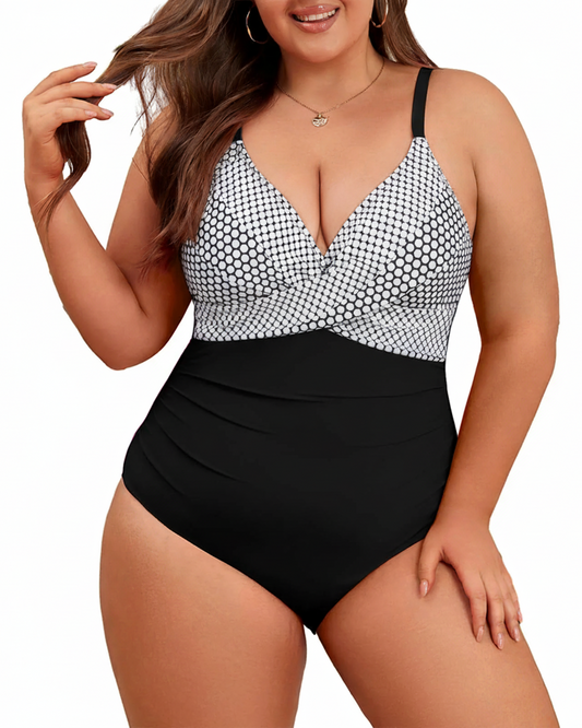 SOMER One Piece Swimsuit Women Plus Size Swimsuit for Womens Bathing Suits Low-cut Tummy Control Front Cross Bathing Suits Slimming Black Dots V Neck Swimwear High Waisted Oversized