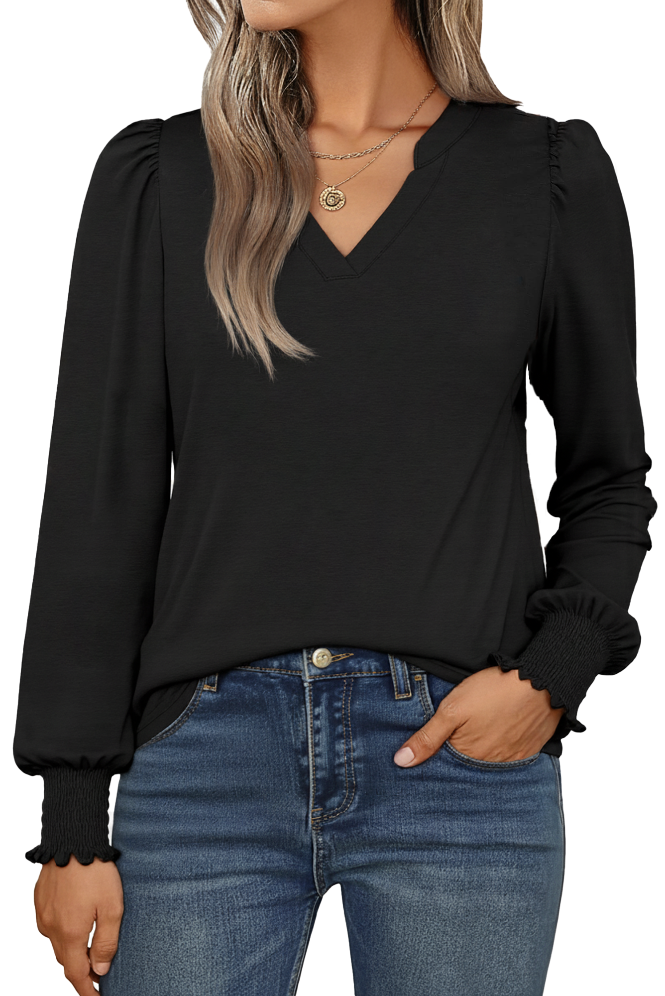 SOMER Womens Tops Fall Long Sleeve Shirts Business Casual V Neck Loose T-Shirts Dressy Work Tops with Smocked Cuffs