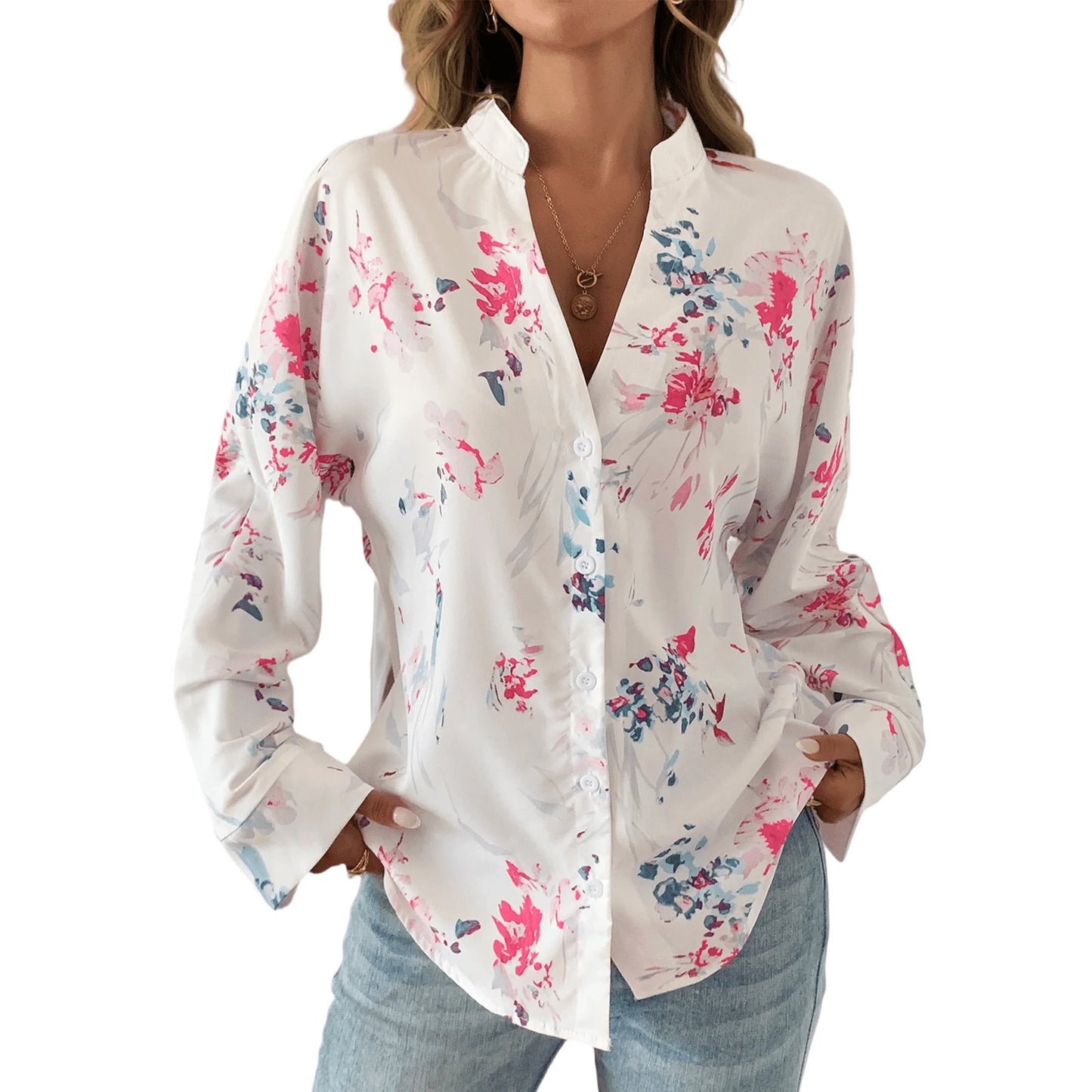 SOMER Button Down Shirts for Women Blouses for Women Dressy Casual V Neck Silky Printed Wrinkle-Resistant Long Sleeve Tops Trendy Early Fall Fashion 2025
