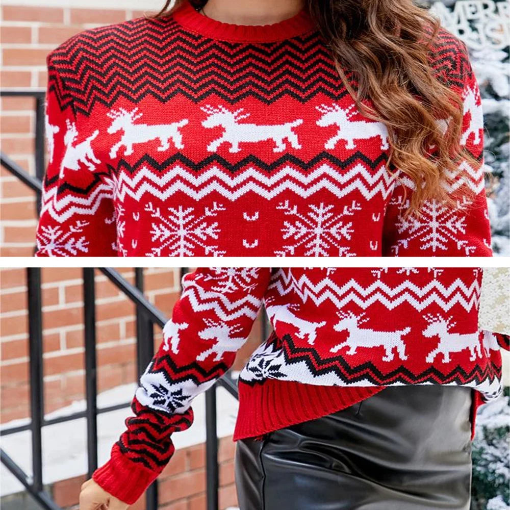 SOMER Women Christmas Sweater Family Couples Warm Thick Casual Knitted Pullover Top Xmas Elk Snowflake Reindeer Sweatshirt for Holiday Party New Year