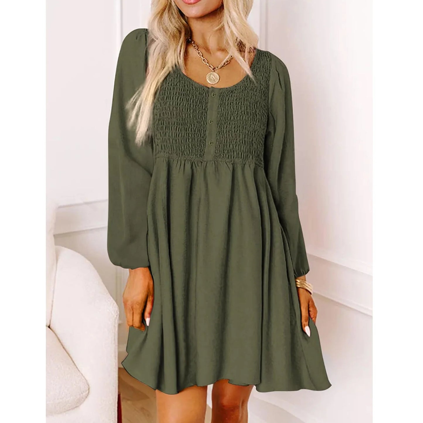 SOMER Casual Dresses for Women, Fall Winter A-Line Midi Dresses for Women 2025 Crewneck Button Up, Cute Long Sleeve Dress for Women