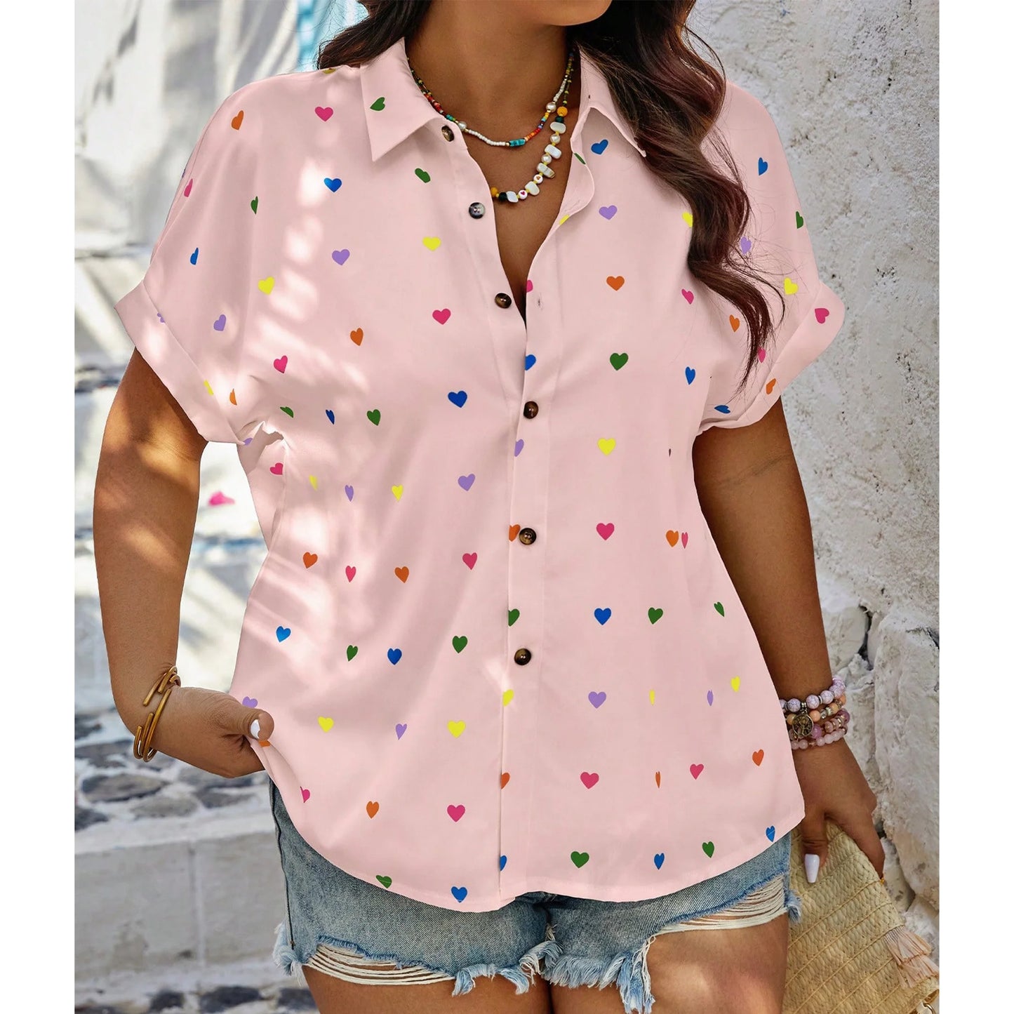 SOMER Woman Blouse Plus Size Short Sleeve Casual Tops Heart Print Button Down Shirts For Women
