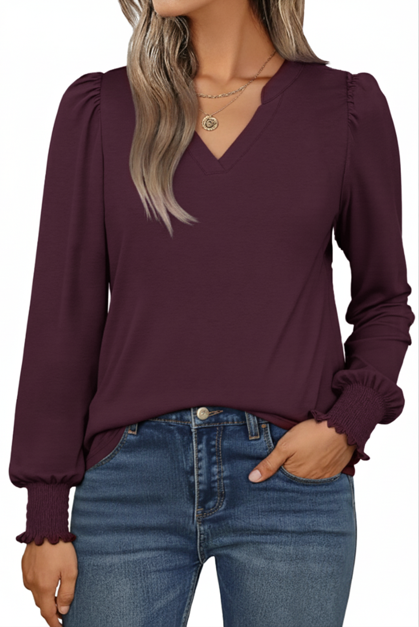 SOMER Womens Tops Fall Long Sleeve Shirts Business Casual V Neck Loose T-Shirts Dressy Work Tops with Smocked Cuffs