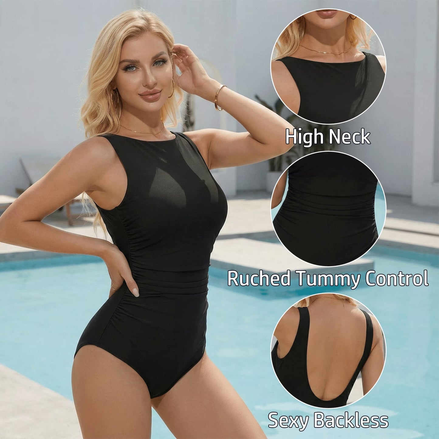 SOMER One Piece Swimsuit Womens Bathing Suits Tummy Control Backless Ruched Black Slimming Swimwear