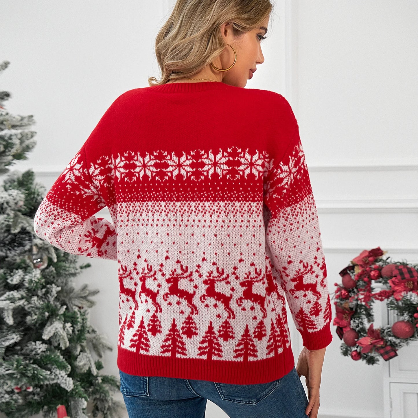 SOMER Women Christmas Sweater Warm Long Sleeve Casual Knitted Pullover Top Xmas Elk Snowflake Reindeer Sweatshirt for Holiday Party New Year