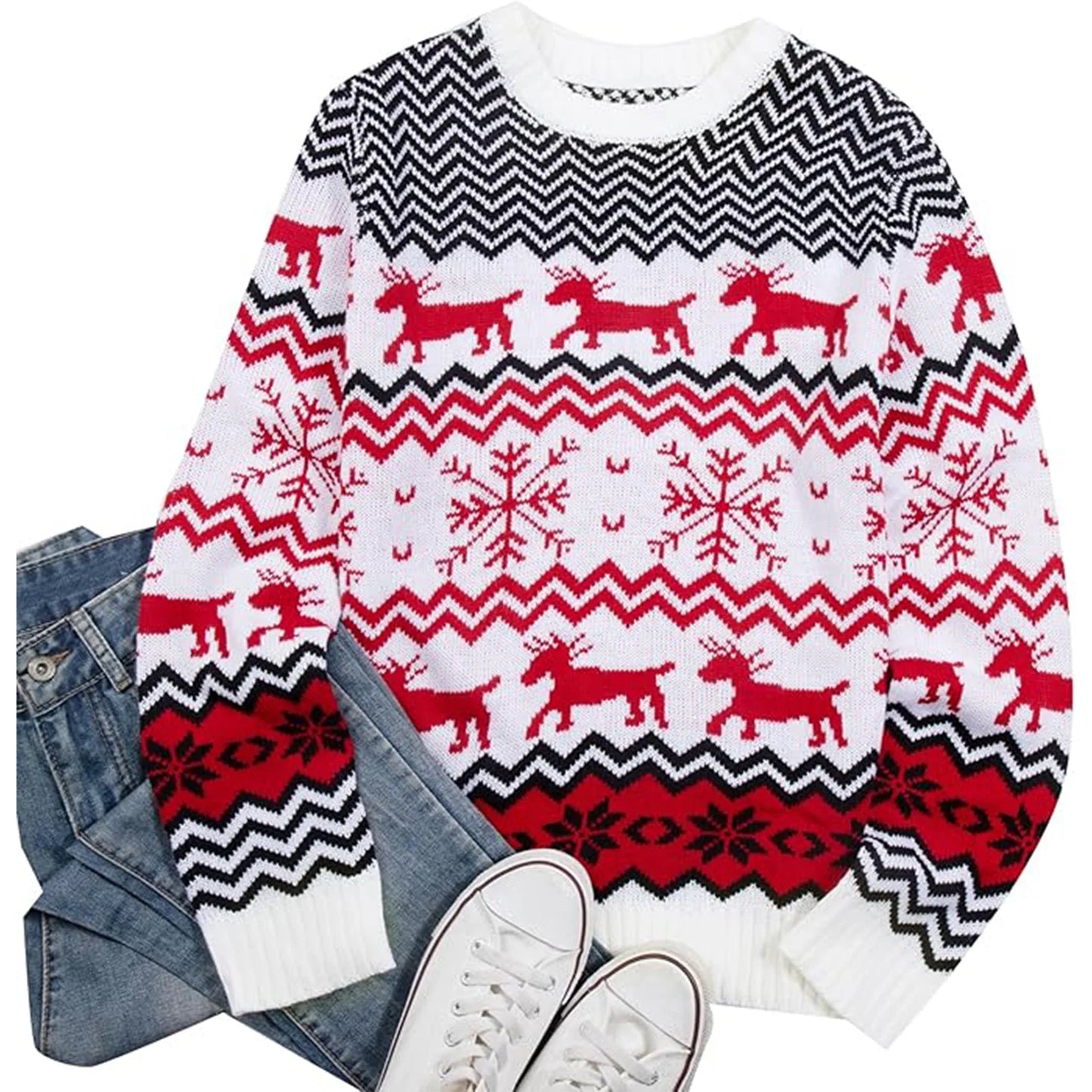 SOMER Women Christmas Sweater Family Couples Warm Thick Casual Knitted Pullover Top Xmas Elk Snowflake Reindeer Sweatshirt for Holiday Party New Year