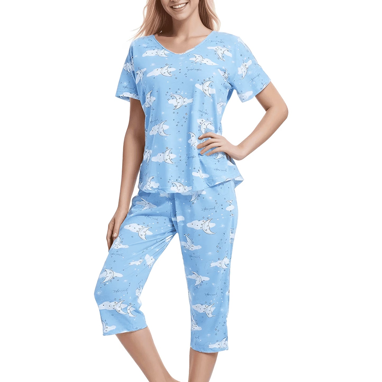 SOMER Womens Pajama Sets Cotton Pj Set Short Sleeve Top With Capri Pants Sleepwear 2 Piece Lounge Set
