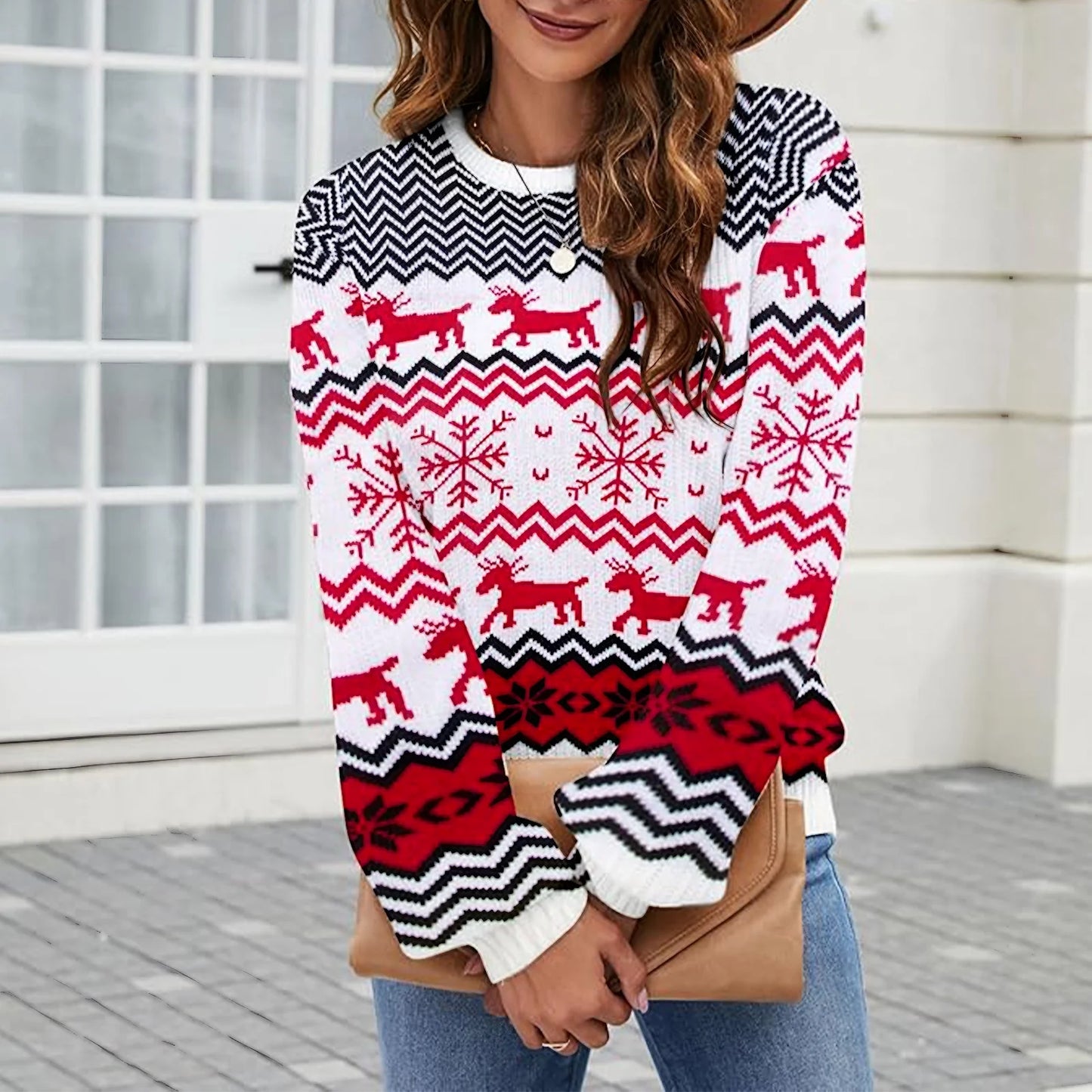 SOMER Women Christmas Sweater Family Couples Warm Thick Casual Knitted Pullover Top Xmas Elk Snowflake Reindeer Sweatshirt for Holiday Party New Year