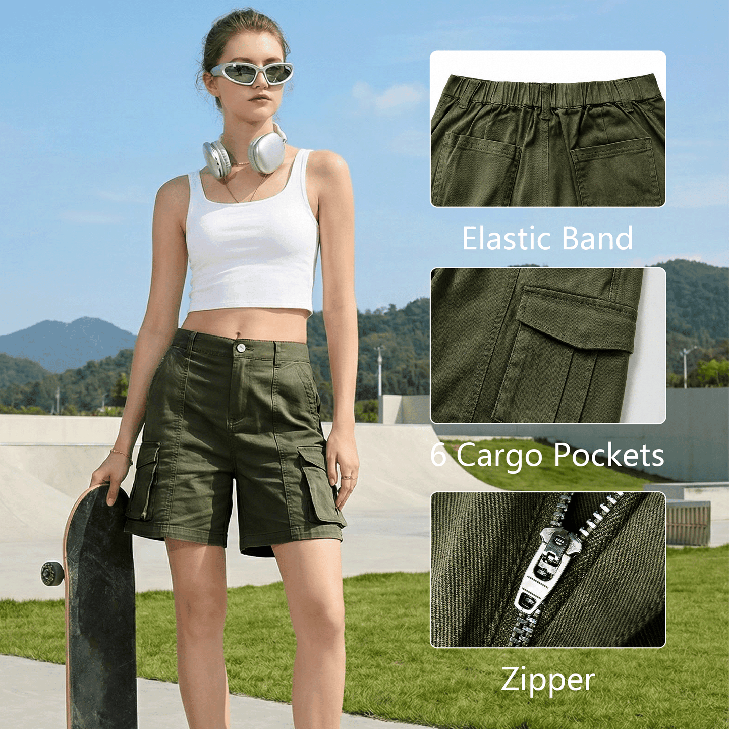 SOMER Bermuda Shorts for Women Elastic Waist Cargo Shorts with 6 Pockets Green Shorts Hiking for Summer Casual