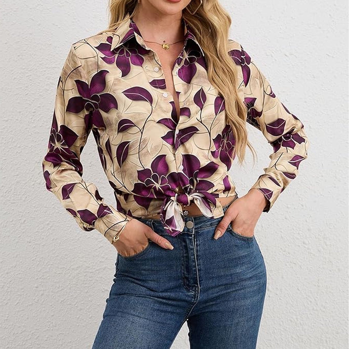 SOMER Women Silky Button Down Shirts Fashion Printed Wrinkle-Resistant Long Sleeve Blouse Dressy Casual Tops