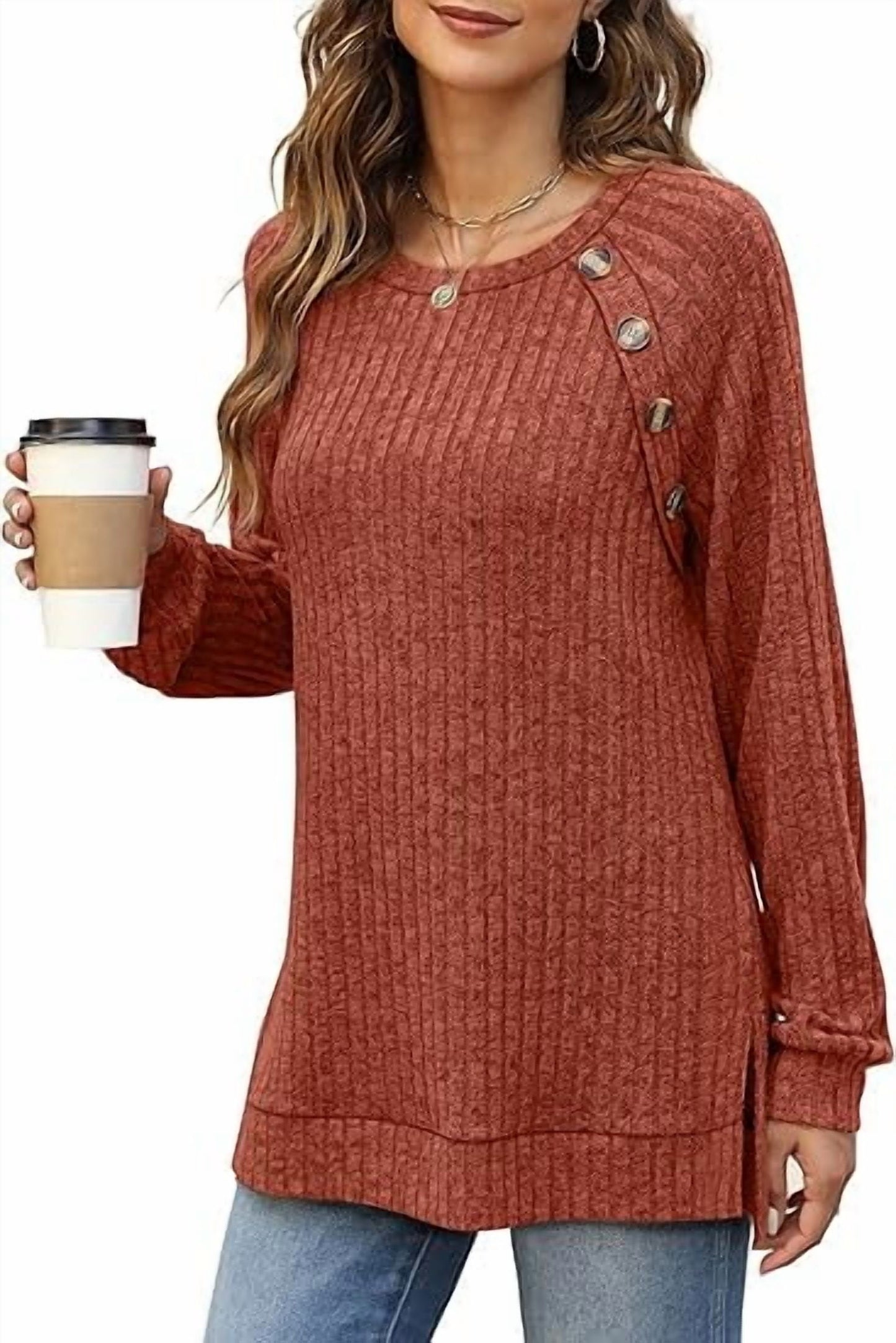 SOMER Long Sleeve Shirts for Women Knit Sweaters Pullover Side Slit Tops for Women Ribbed Knit Fall Shirts