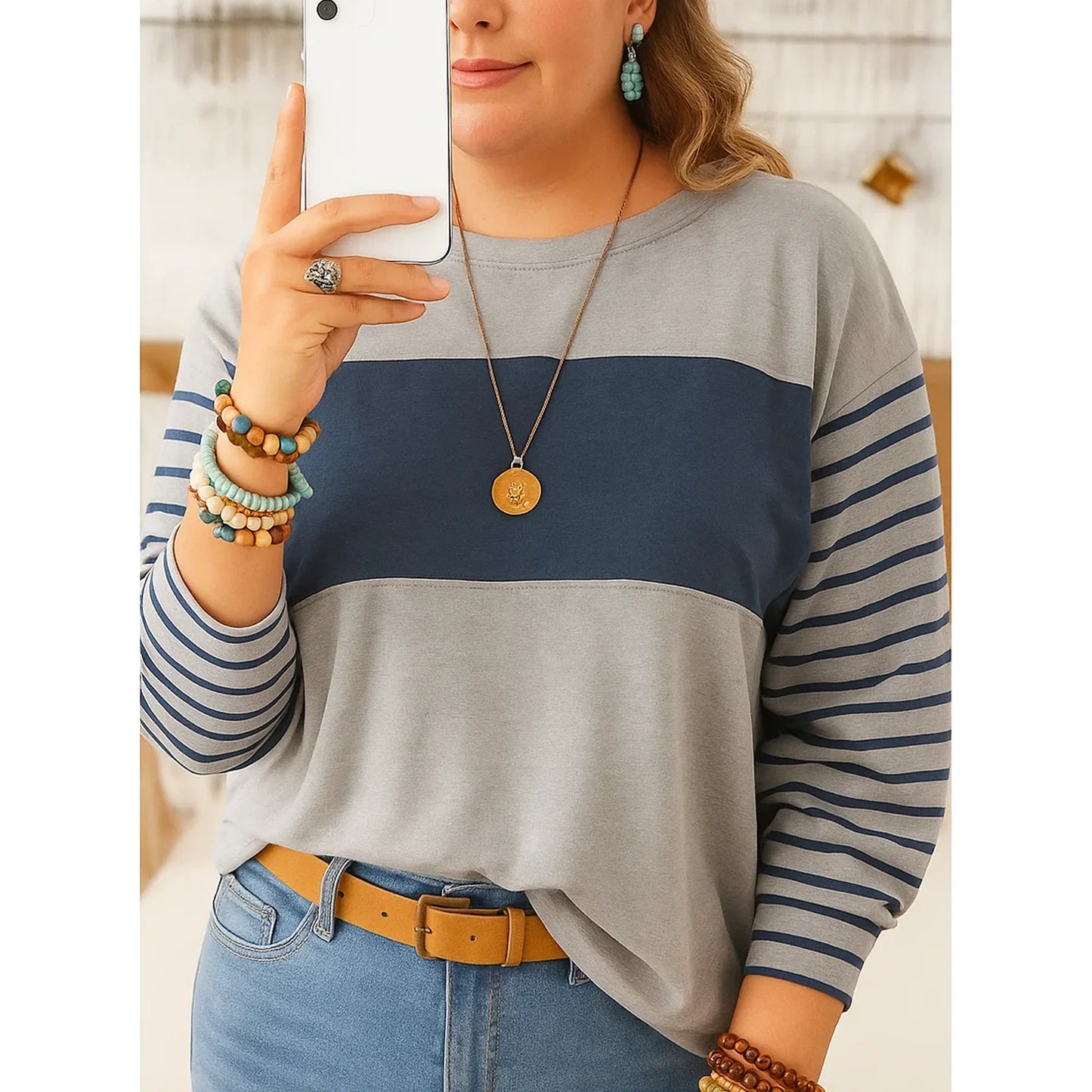 SOMER Women Blouses Plus Size Tops Long Sleeve Trendy Round Crew Neck Casual Color Block Womens Shirts Blouses