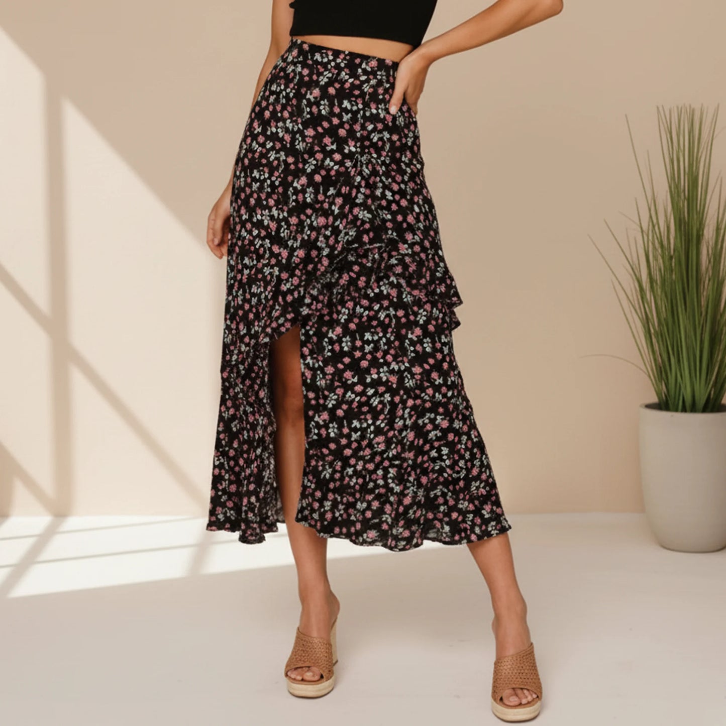 SOMER Women Summer Skirts Boho Long Skirts Dress Floral Print Elastic Waist Split Ruffle High Low Beach Maxi Skirt Fall 2026 Black Print XL