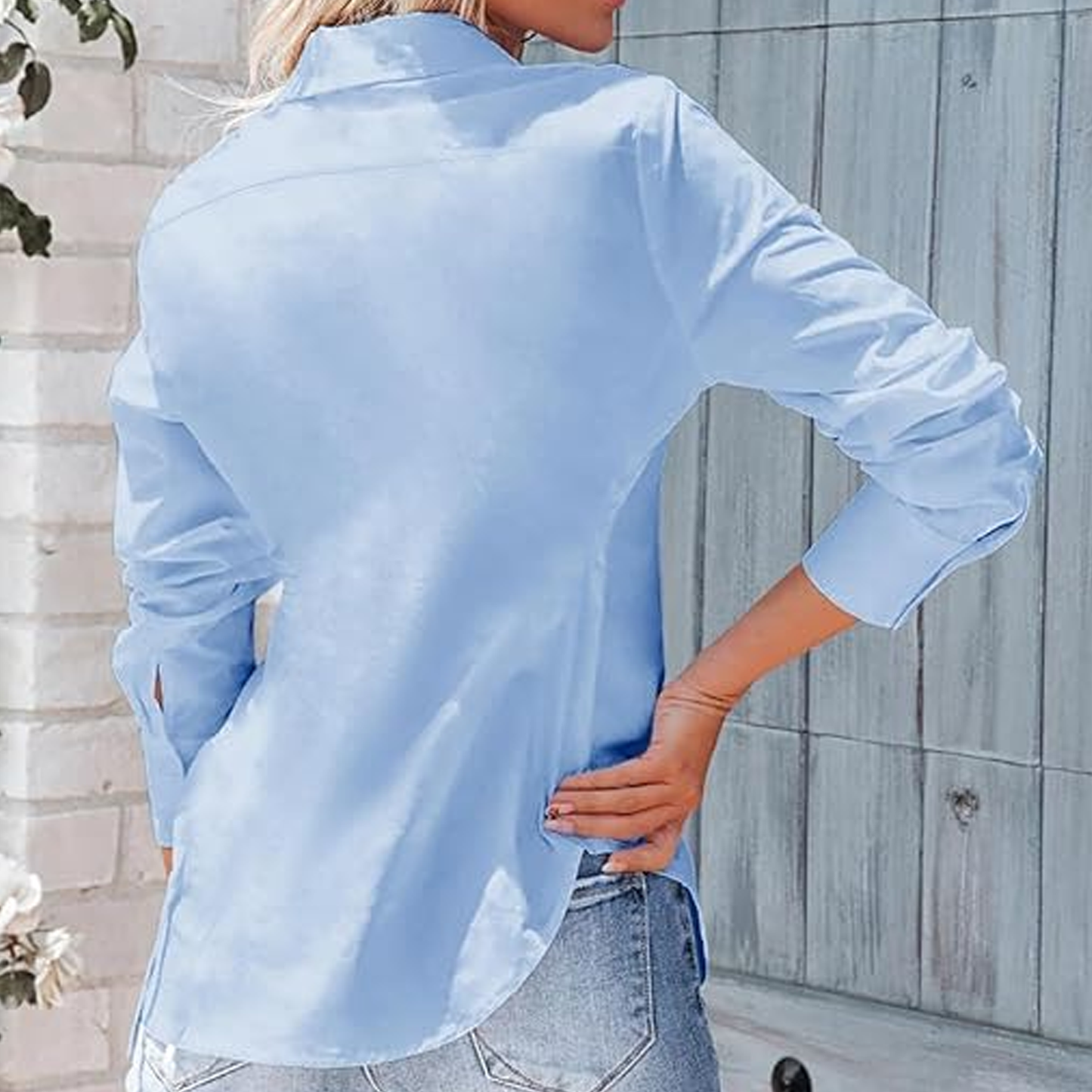 SOMER Women's Blue Button Down Shirts Long Sleeve Wrinkle Free Collared Work Office Solid Blouses Tops