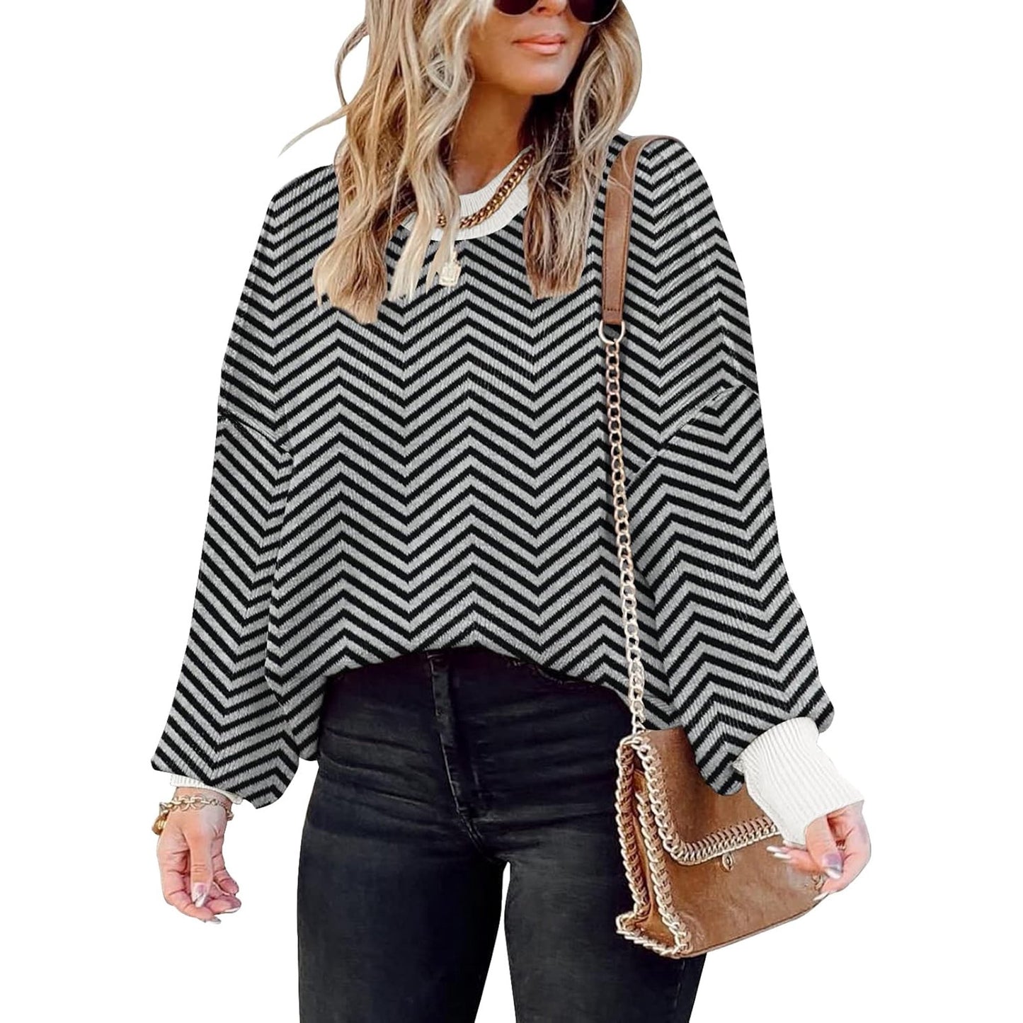 SOMER Womens Oversized Sweaters Fall Fashion Clothes Trendy Batwing Sleeve Colorblock Striped Knit Pullover Tops