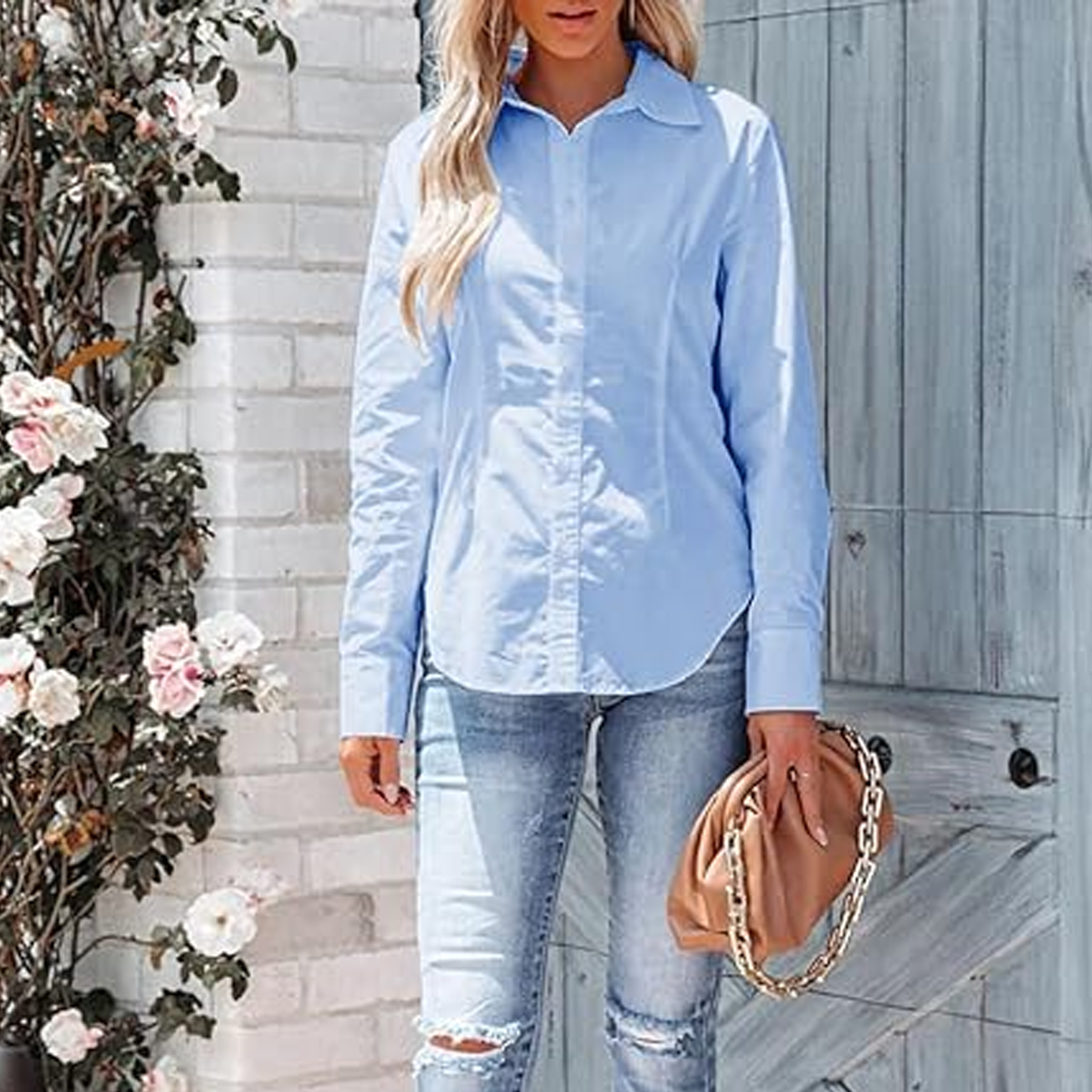 SOMER Women's Blue Button Down Shirts Long Sleeve Wrinkle Free Collared Work Office Solid Blouses Tops